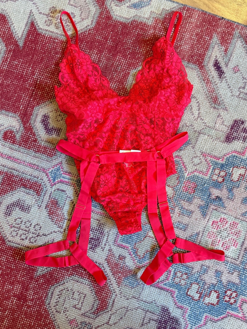 We are hah lace bodysuit and matching garter harness